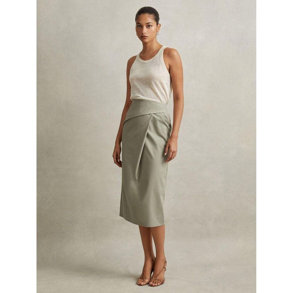 Reiss Nadia Faux Wrap Midi Skirt Women's US 6 Sage Green High Rise Cotton Blend
